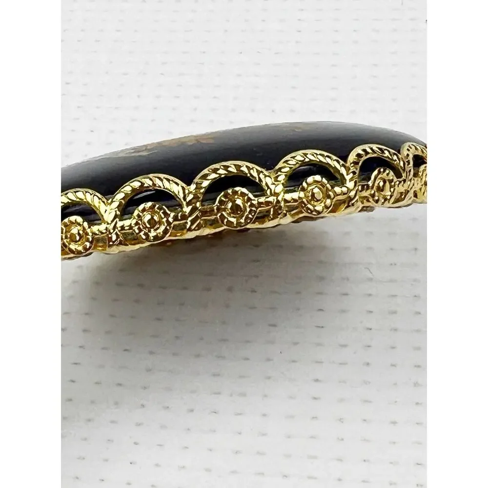Vintage LIMOGES France Handheld Mirror Black & Gold Porcelain Vanity 4.5